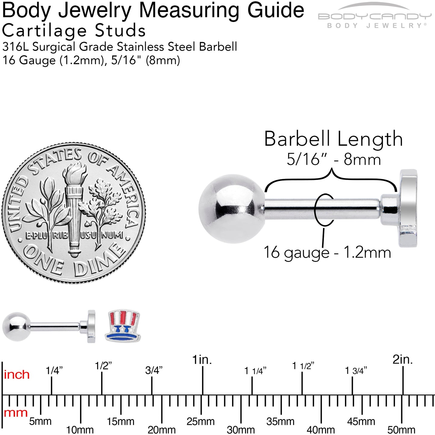 16G 1/4 Patriotic Uncle Sam Top Hat Cartilage Tragus Earring