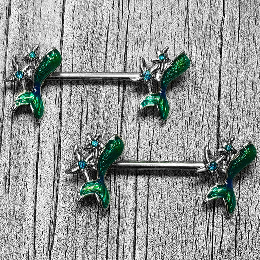14G 9/16 Green Gem Blue Mermaid Tail Stars Barbell Nipple Ring Set