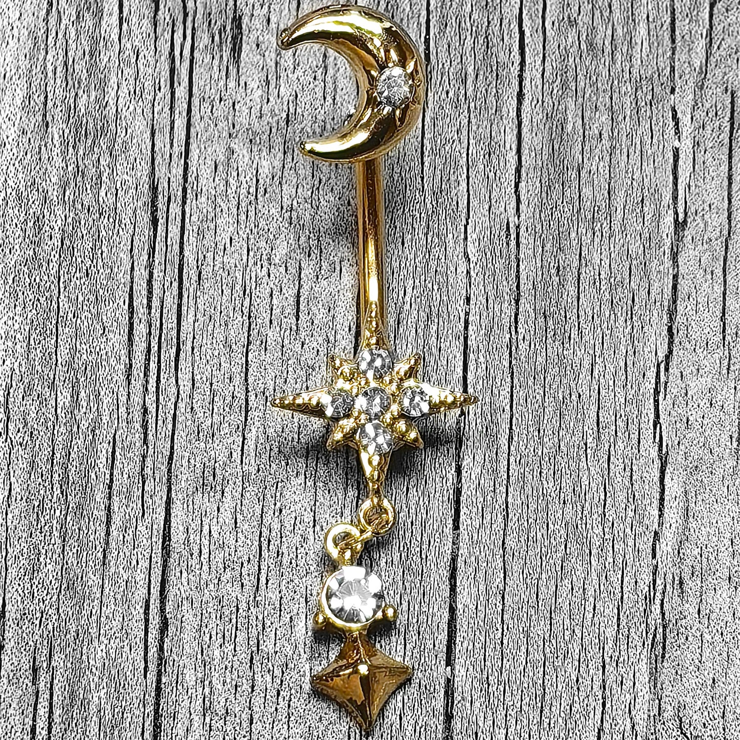 Clear Gem Gold Tone Celestial Glam Dangle Double Mount Belly Ring