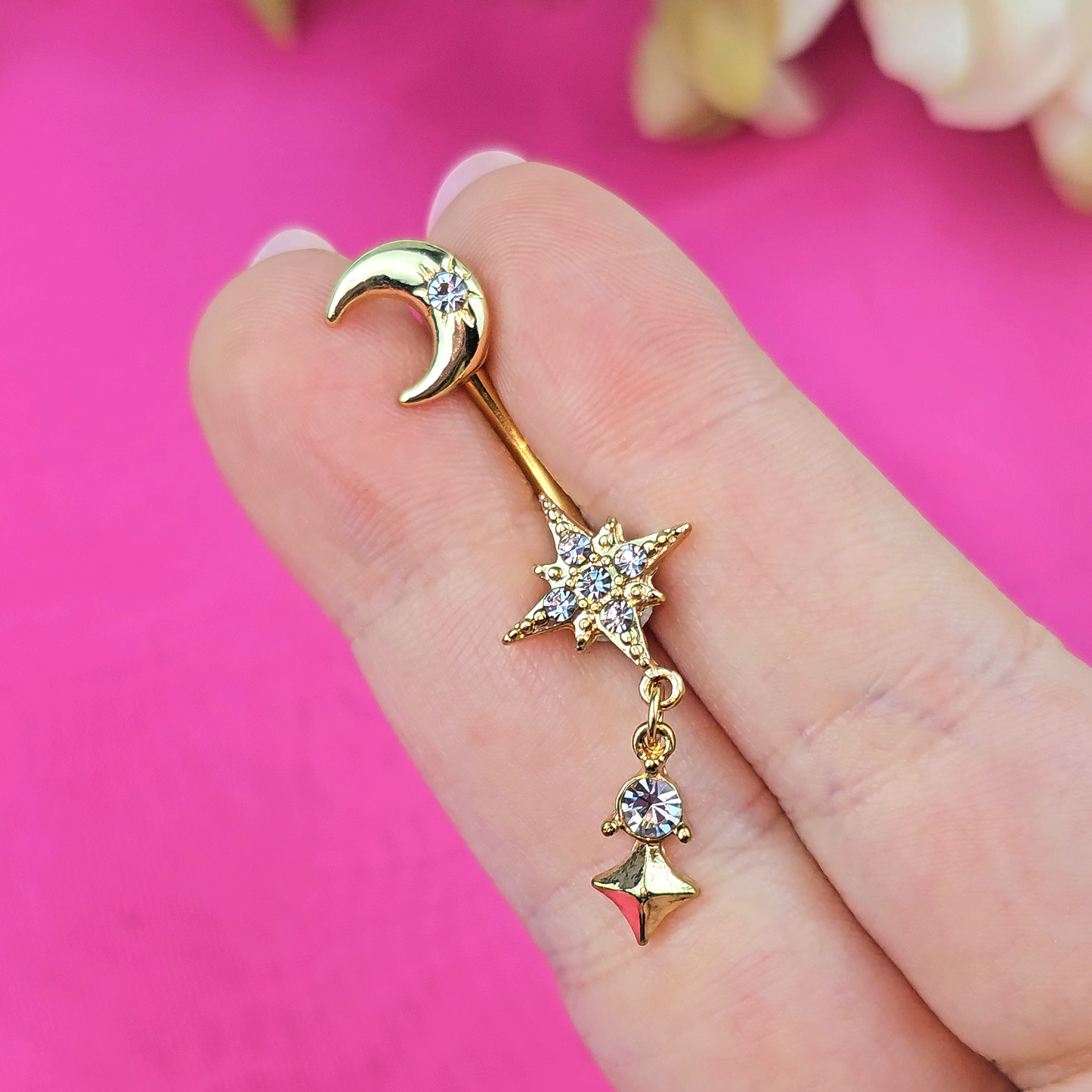 Clear Gem Gold Tone Celestial Glam Dangle Double Mount Belly Ring