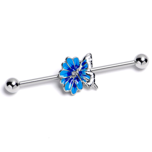 14G Clear Gem Butterfly Blossom Blue Industrial Barbell 38mm