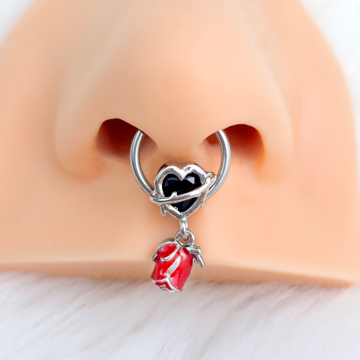 16G 3/8 Barbed Heart Dangle Hinged Segment Ring