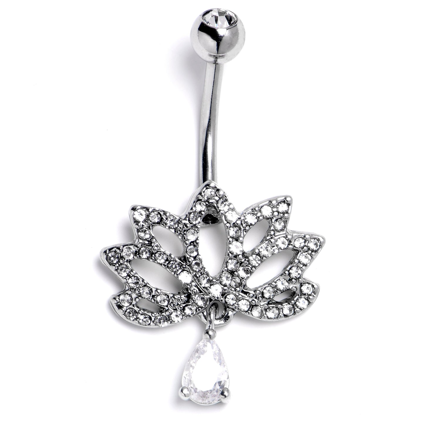 Clear CZ Gem Internally Threaded Lotus Fashion Flower Dangle Belly Ring