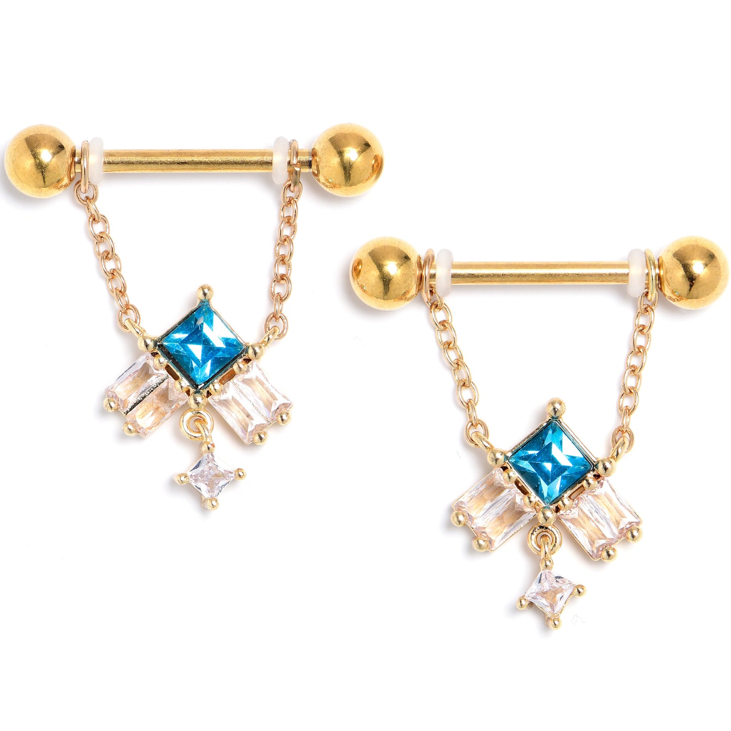 14G 5/8 Blue CZ Gem Gold Tone Rhombus Riot Dangle Nipple Ring Set