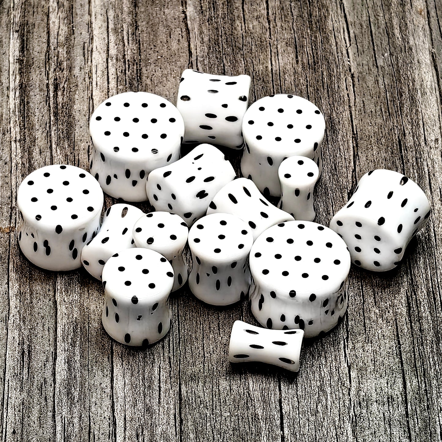 White Acrylic Retro Dots Black Double Flare Plug Set  6mm to 20mm Sizes