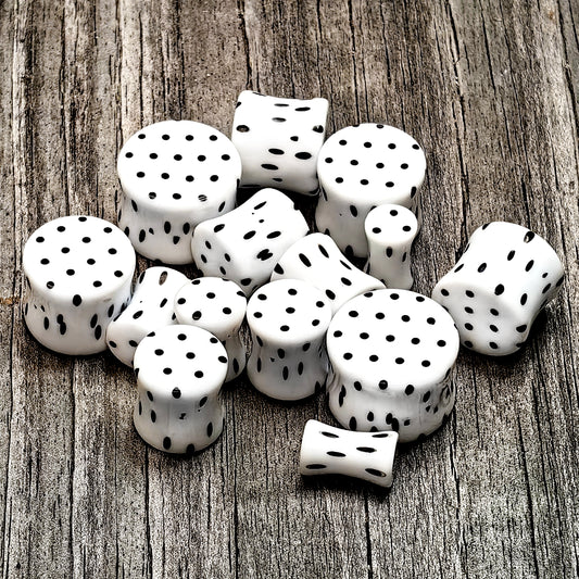 White Acrylic Retro Dots Black Double Flare Plug Set  6mm to 20mm Sizes