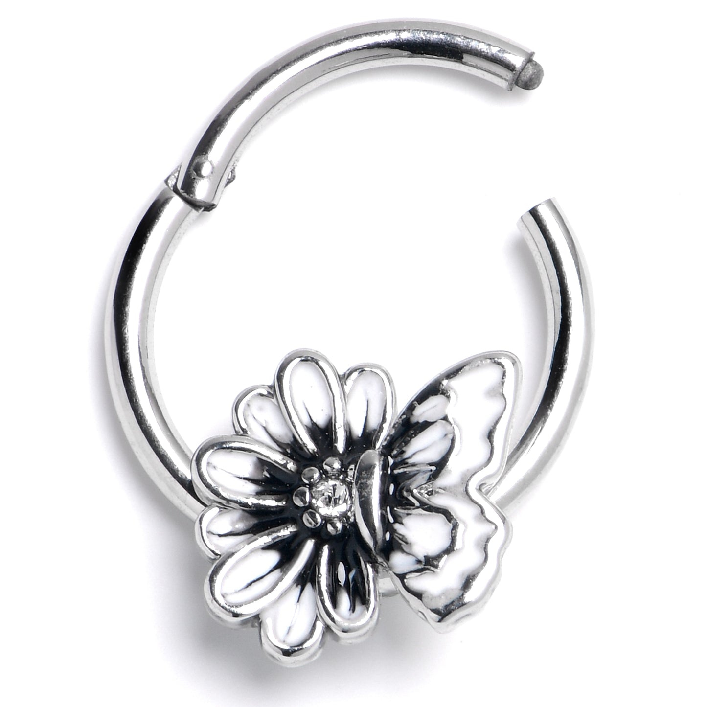 16G 3/8 Clear CZ Gem Butterfly Blossom Black Hinged Segment Ring