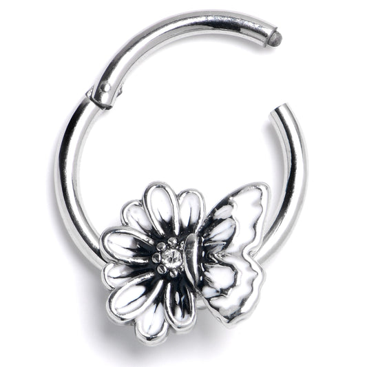 16G 3/8 Clear CZ Gem Butterfly Blossom Black Hinged Segment Ring