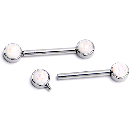 14G 9/16 White Faux Opal Internally Threaded Barbell Nipple Ring Set