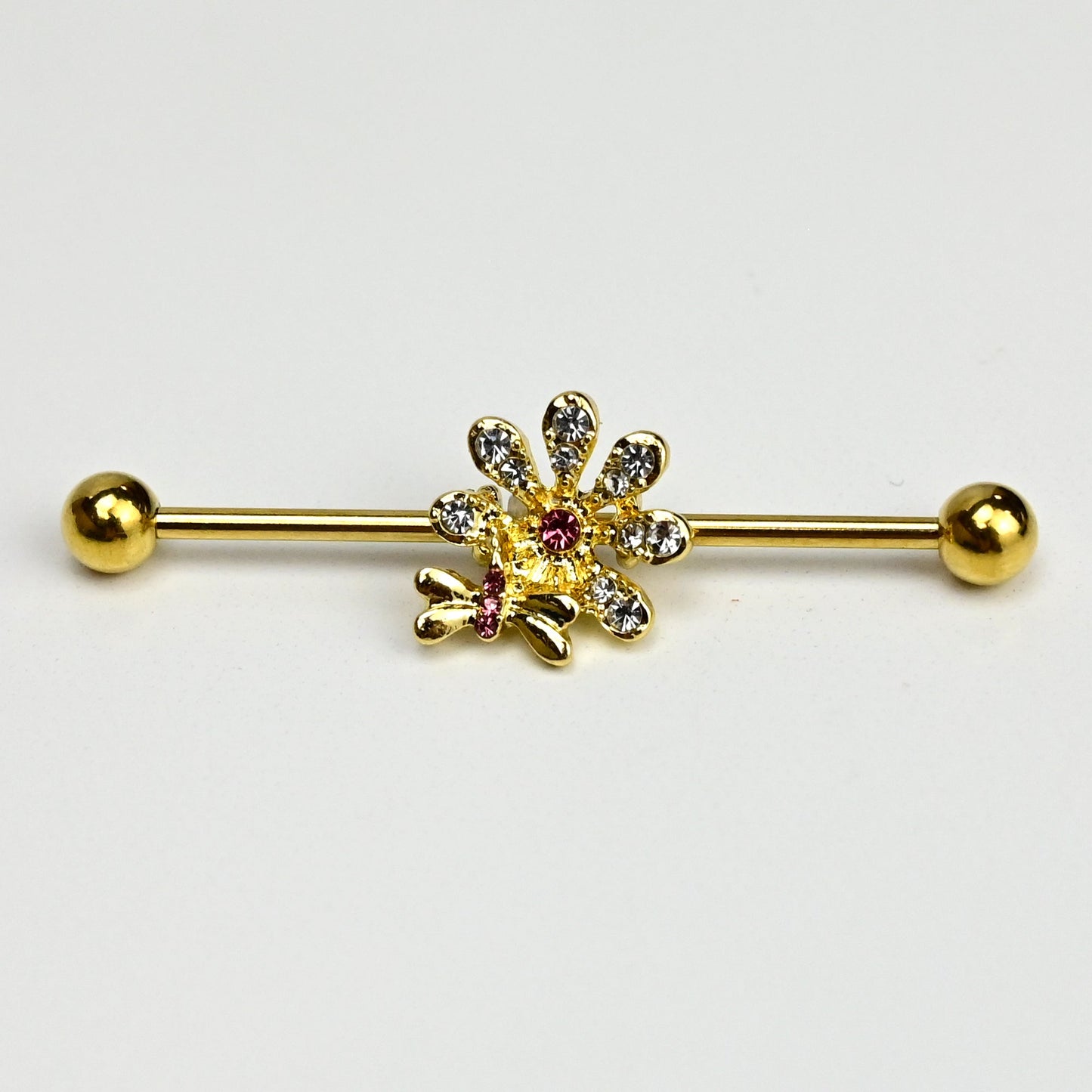 14G Clear Gem Gold Tone Classic Bee Flower Industrial Barbell 38mm