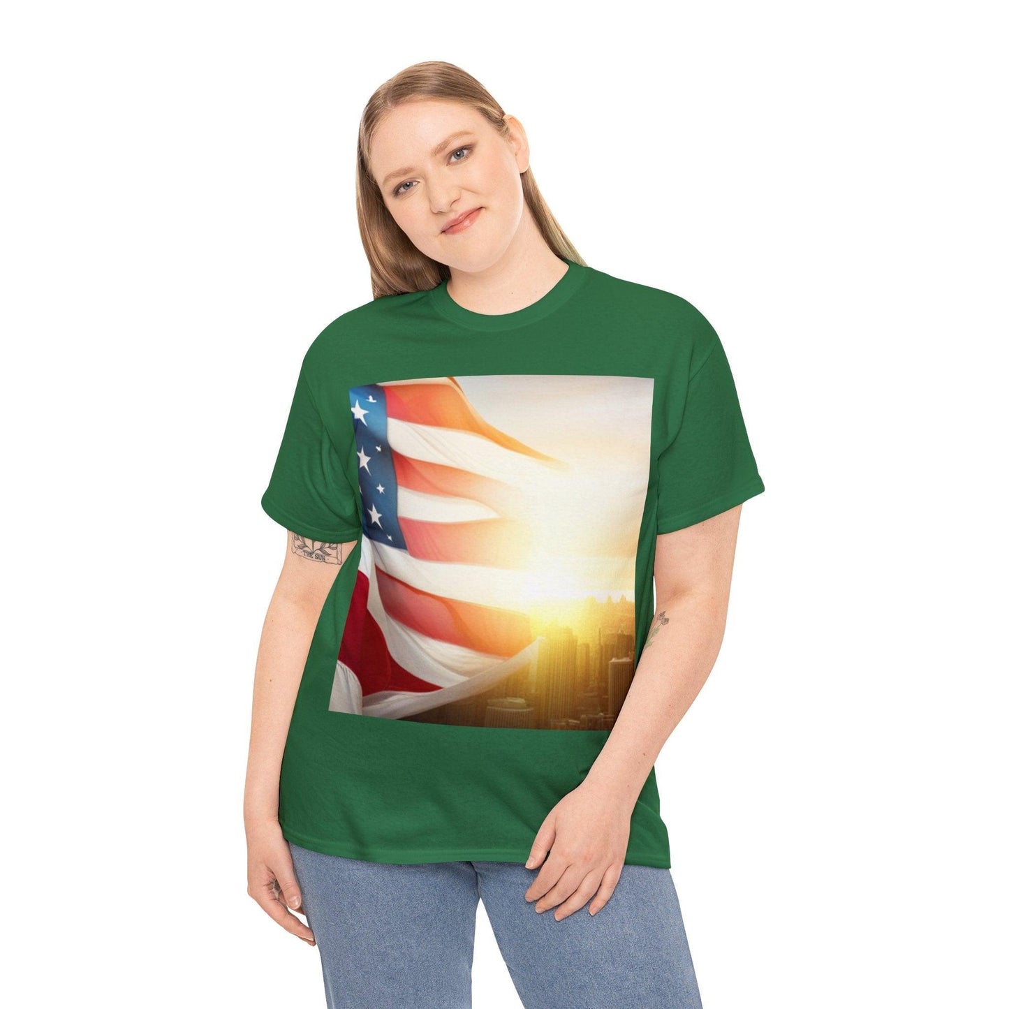 Patriot American Flag Over Gotham Unisex Heavy Cotton Tee / Red, White, and Blue Old Glory Sun T-Shirt - Lizard Vigilante