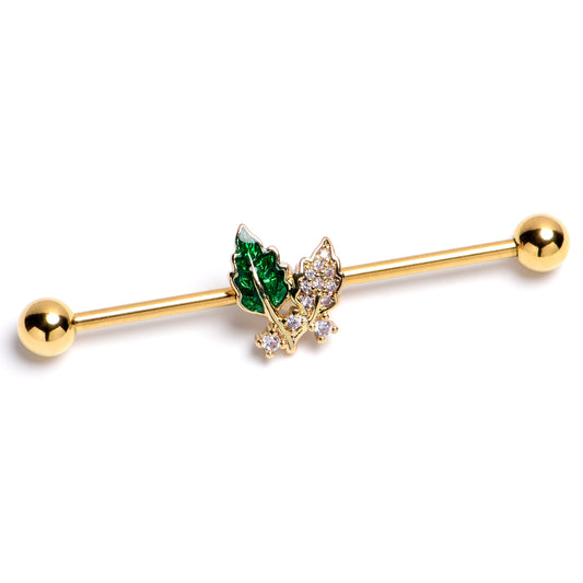 14G Clear Gem Gold Tone Natures Glamour Industrial Barbell 38mm
