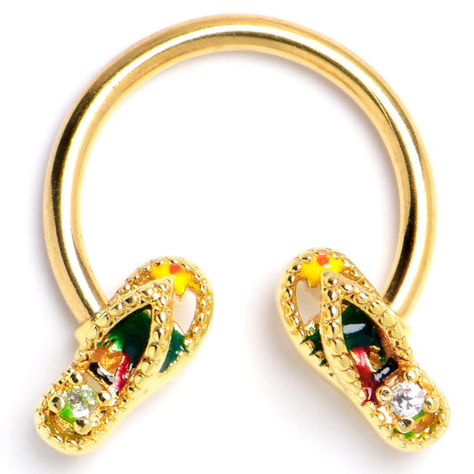 16G 3/8 Clear Gem Gold Tone Beach Sandal Horseshoe Circular Barbell