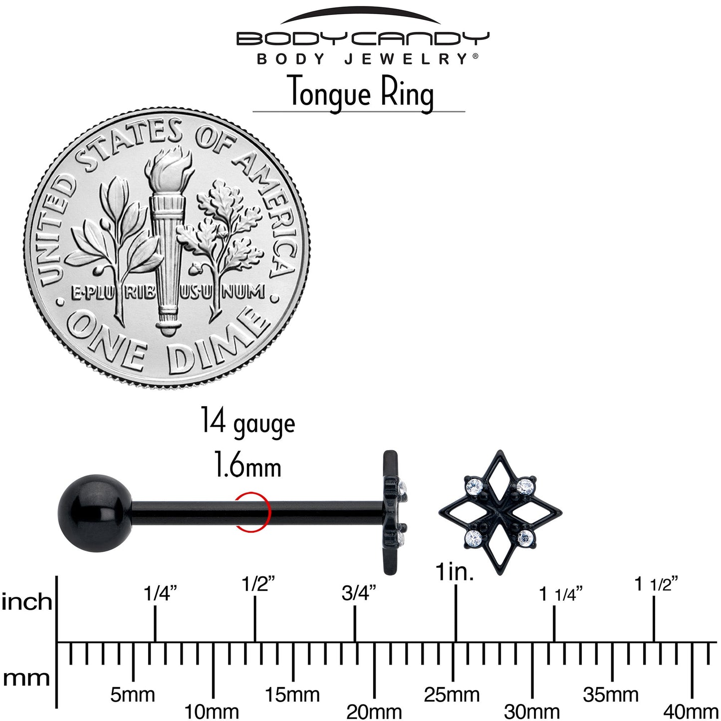 Clear CZ Gem Black Gothic Star Barbell Tongue Ring