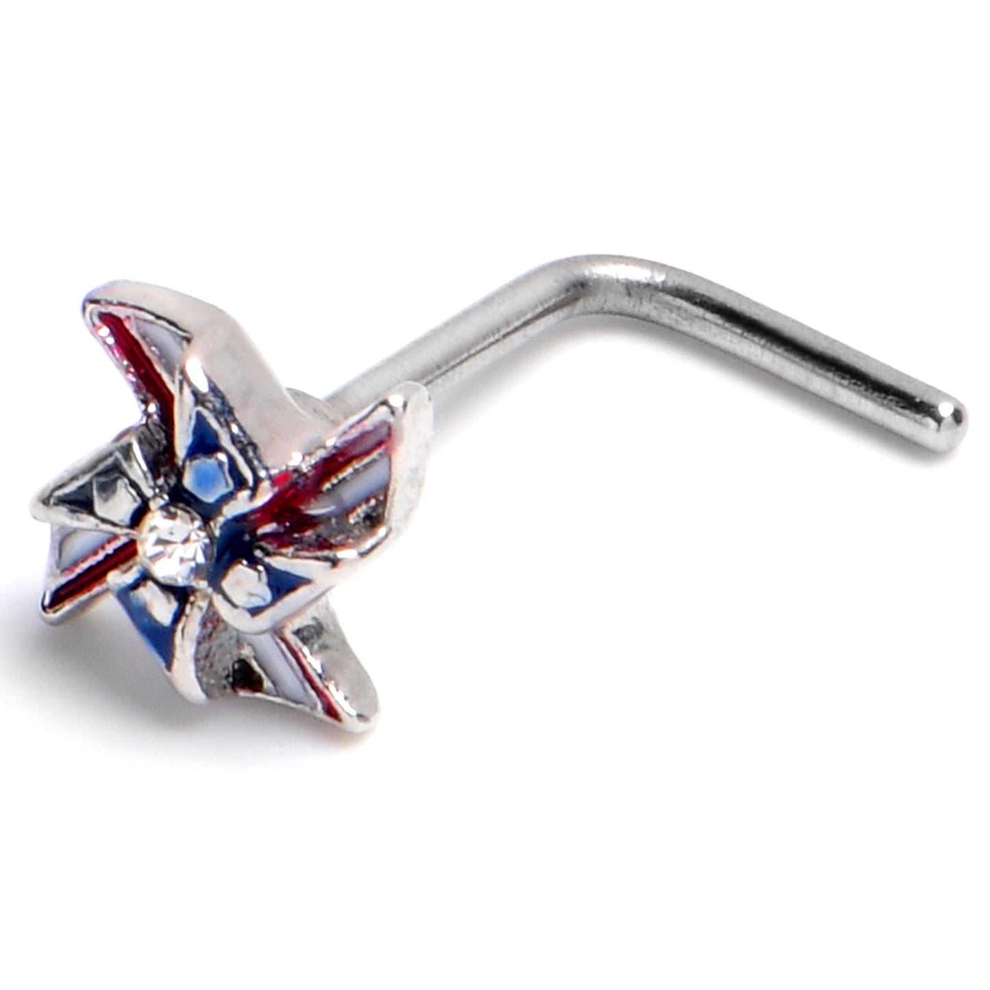 20G 7mm Clear Gem Festive Patriot Pinwheel L Shape Nose Ring