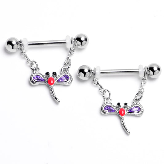 14G 9/16 Purple Gem Embellished Dragonfly Dangle Nipple Ring Set