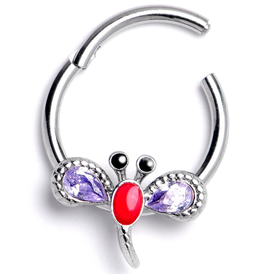 16G 3/8 Purple Gem Embellished Dragonfly Hinged Segment Ring
