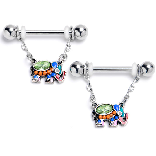 14G 9/16 Green Gem Colorful Elephant Dangle Nipple Ring Set