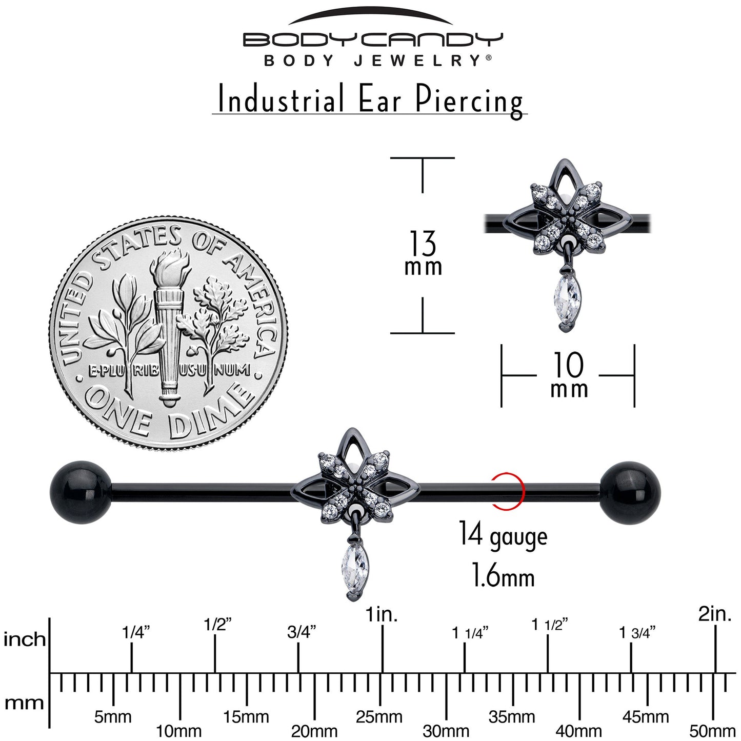 14G Clear CZ Gem Black Gothic Star Dangle Industrial Barbell 38mm