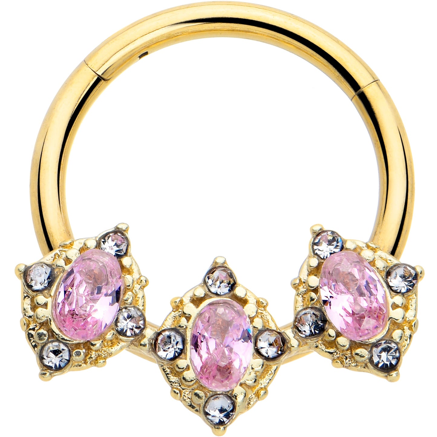 16G 3/8 Pink Tourmaline Gold Tone Wondrous Trio Hinged Segment Ring