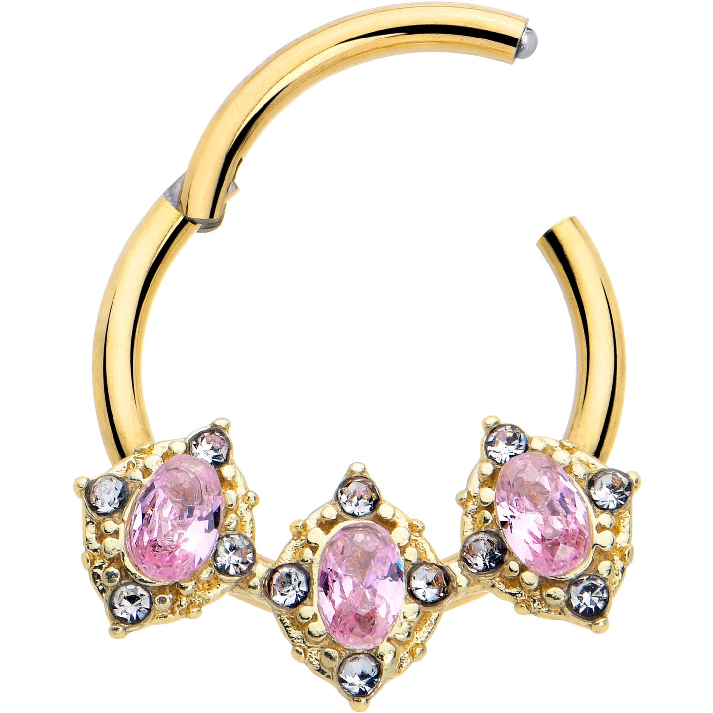 16G 3/8 Pink Tourmaline Gold Tone Wondrous Trio Hinged Segment Ring