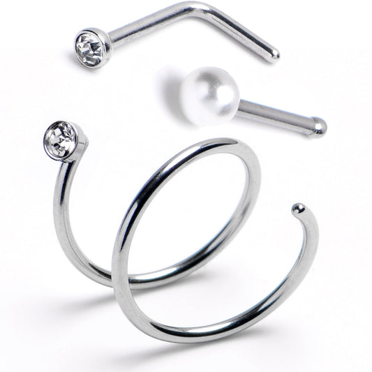 20G L-Shape Faux Pearl Nose Bone Gem Twister Double Nose Hoop Ring 3 Pack