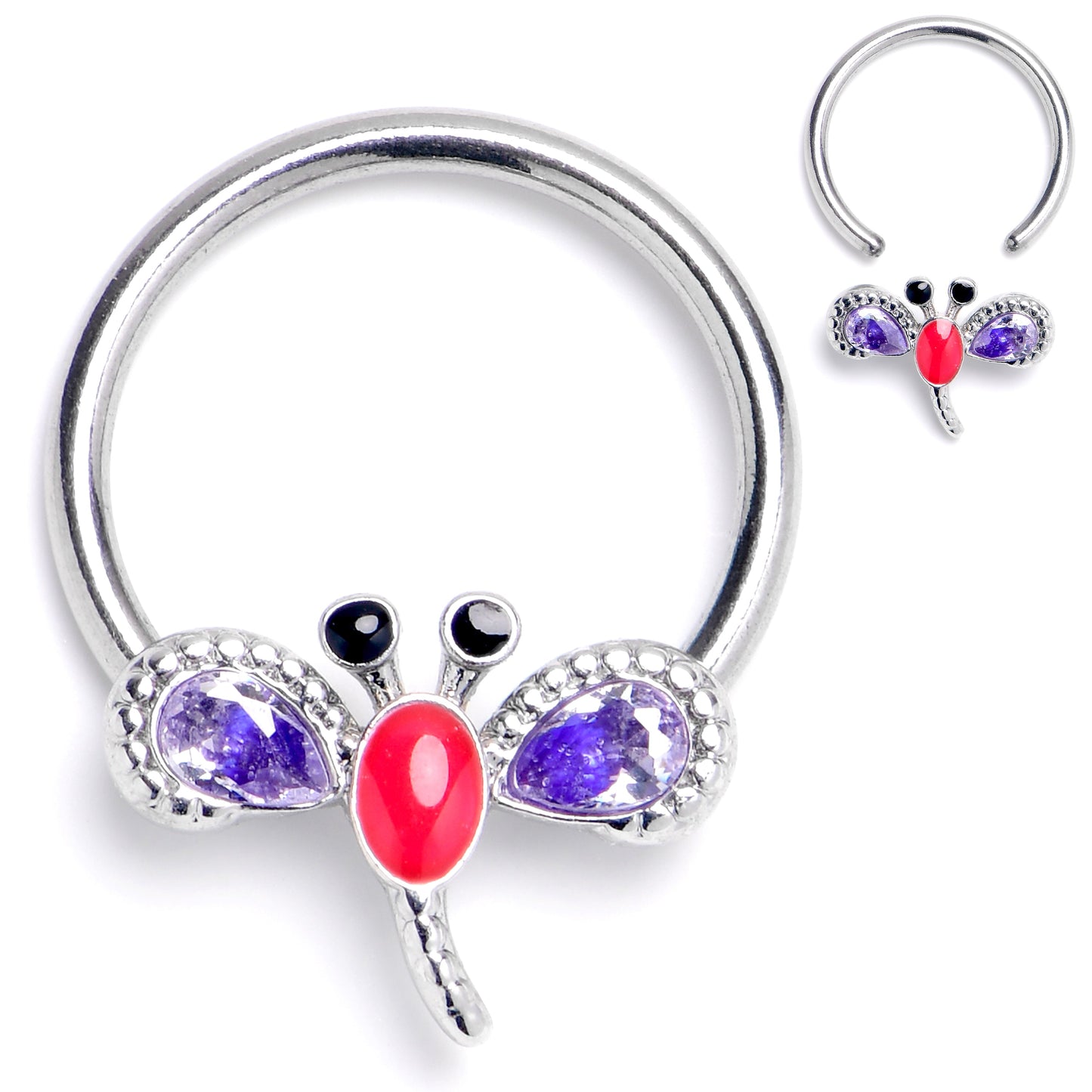 16G 3/8 Purple Gem Embellished Dragonfly BCR Captive Ring