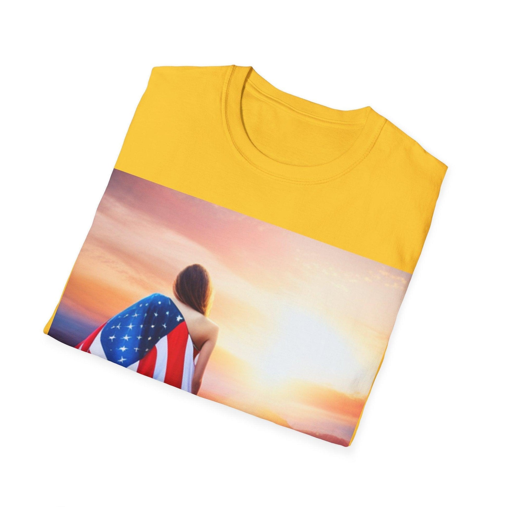 American Woman! Patriot Draped Red, White, and Blue Flag Over Shoulder Looking at Beautiful Horizon Unisex Softstyle T-Shirt - Lizard Vigilante