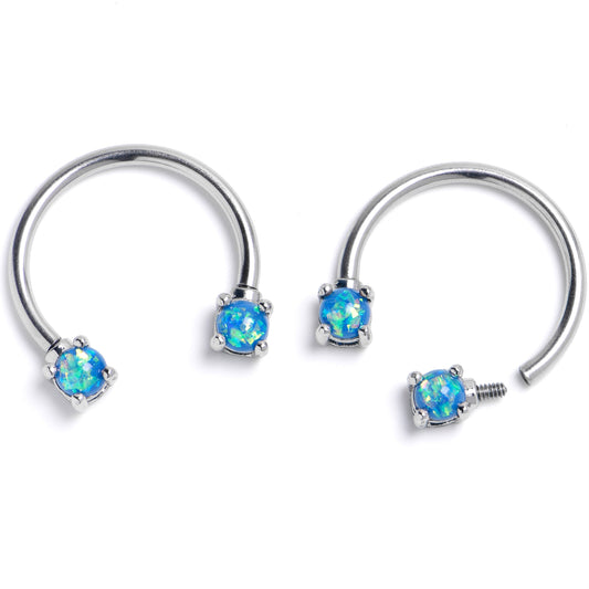 16G 3/8 Blue Faux Opal Internally Threaded Horseshoe Nipple Ring Set