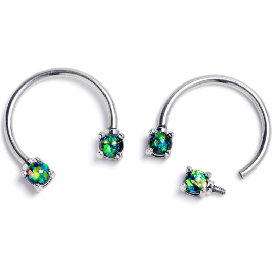 16G 3/8 Green Faux Opal Internally Threaded Horseshoe Nipple Ring Set