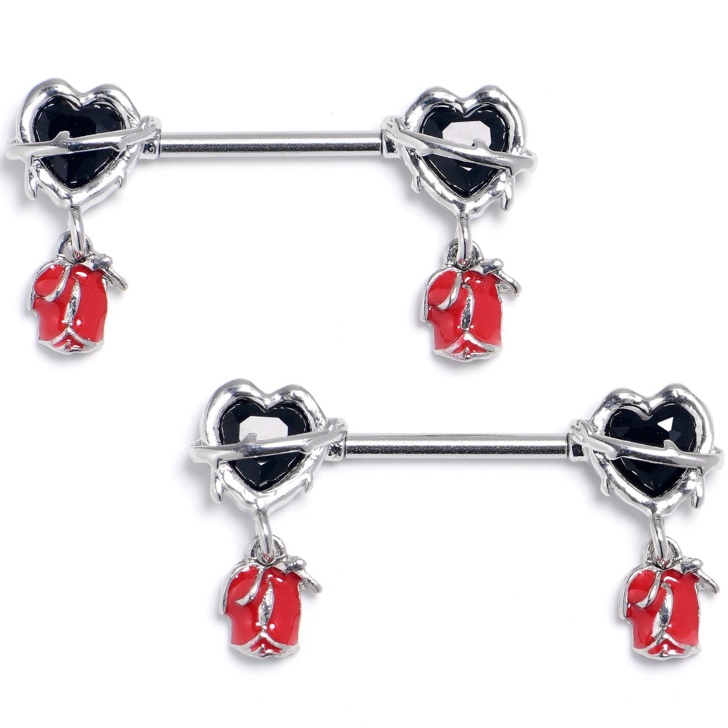 14G 9/16 Barbed Heart Rose Dangle Nipple Ring Set