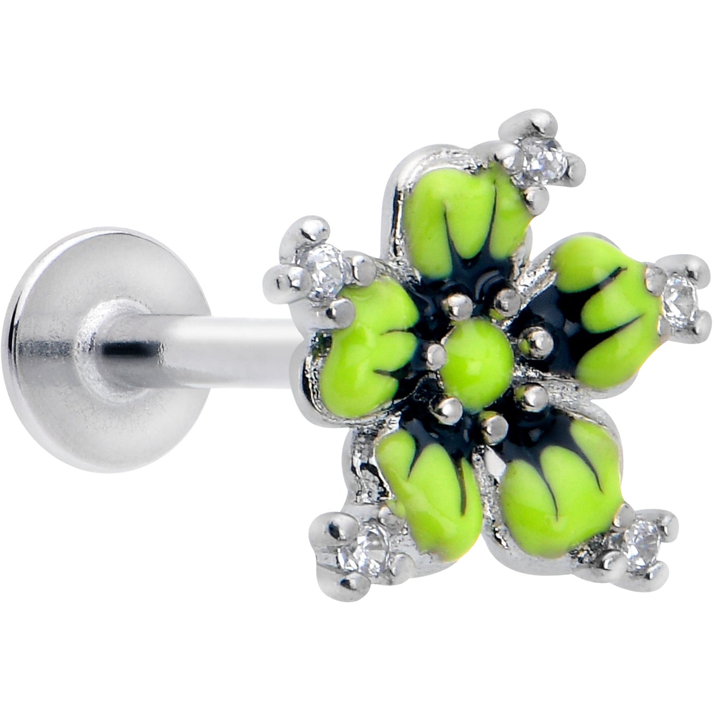16G Clear CZ Gem Go Green Flower Flat Back Earring