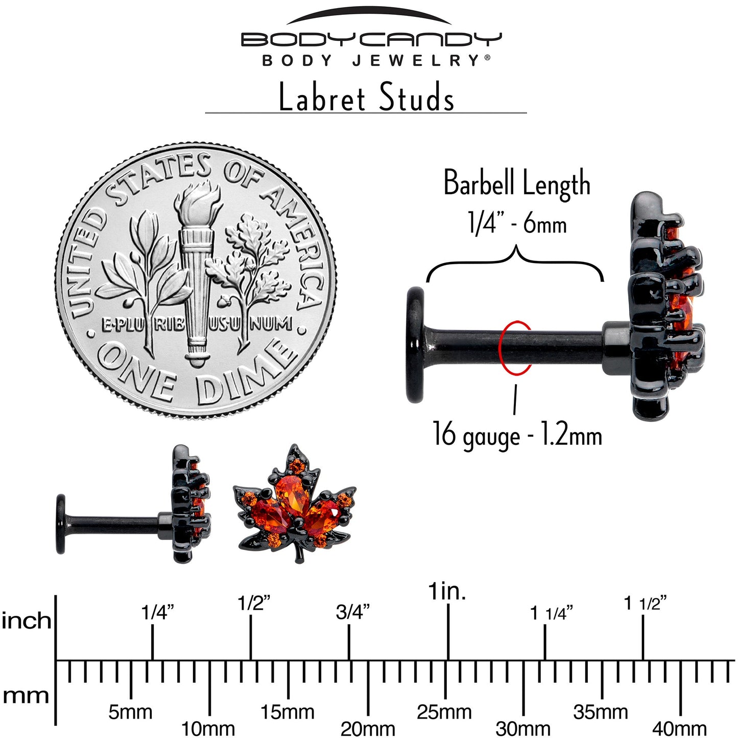 16G Orange CZ Gem Black Autumn Leaf Flat Back Earring