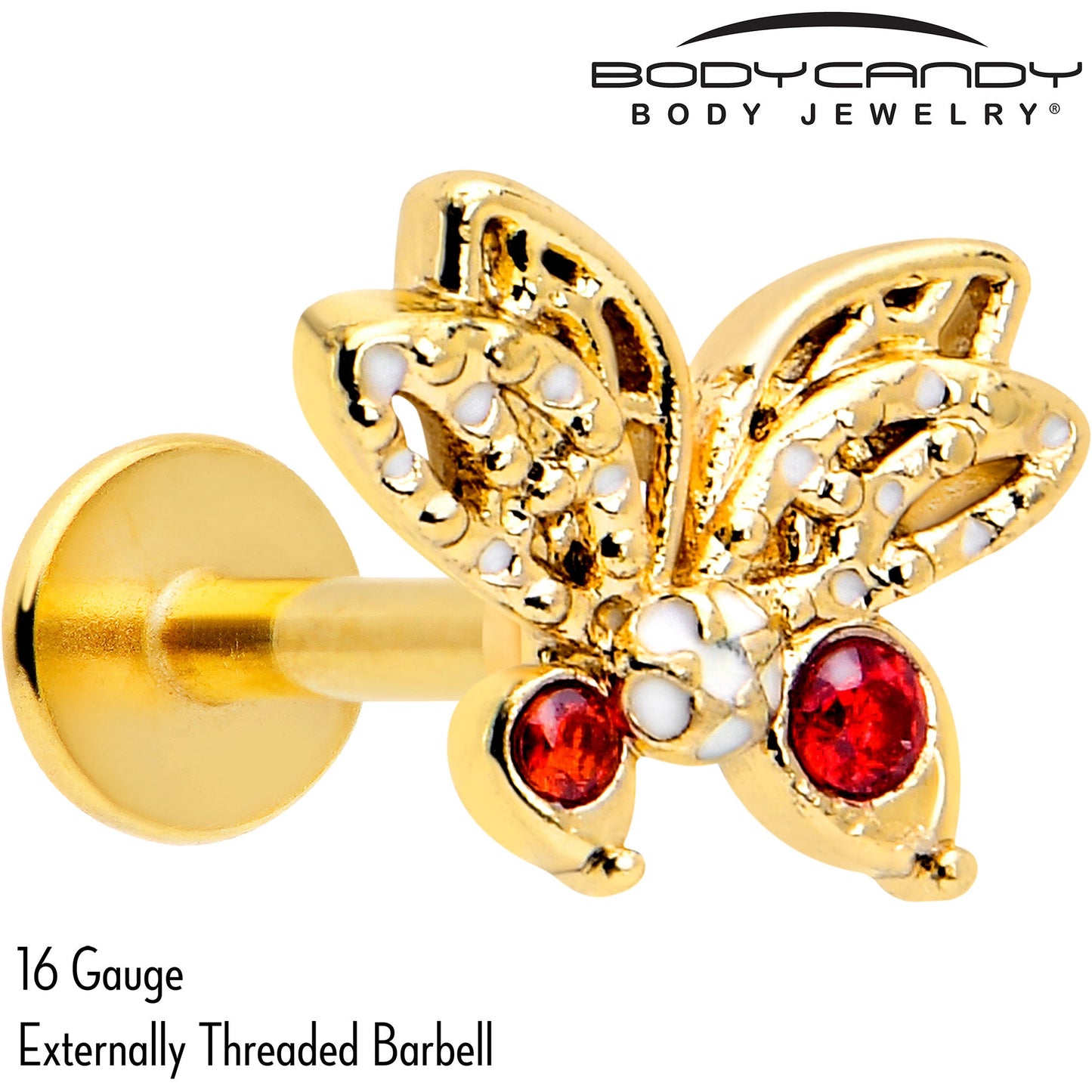16G Red CZ Gem Gold Tone Drama Butterfly Flat Back Earring