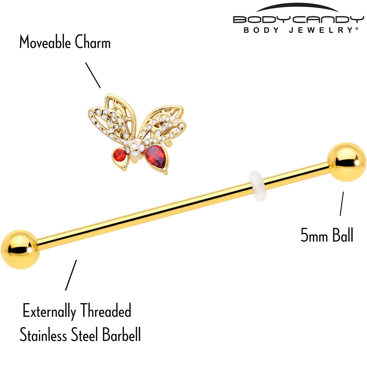 14G Red CZ Gem Gold Tone Drama Butterfly Industrial Barbell 38mm