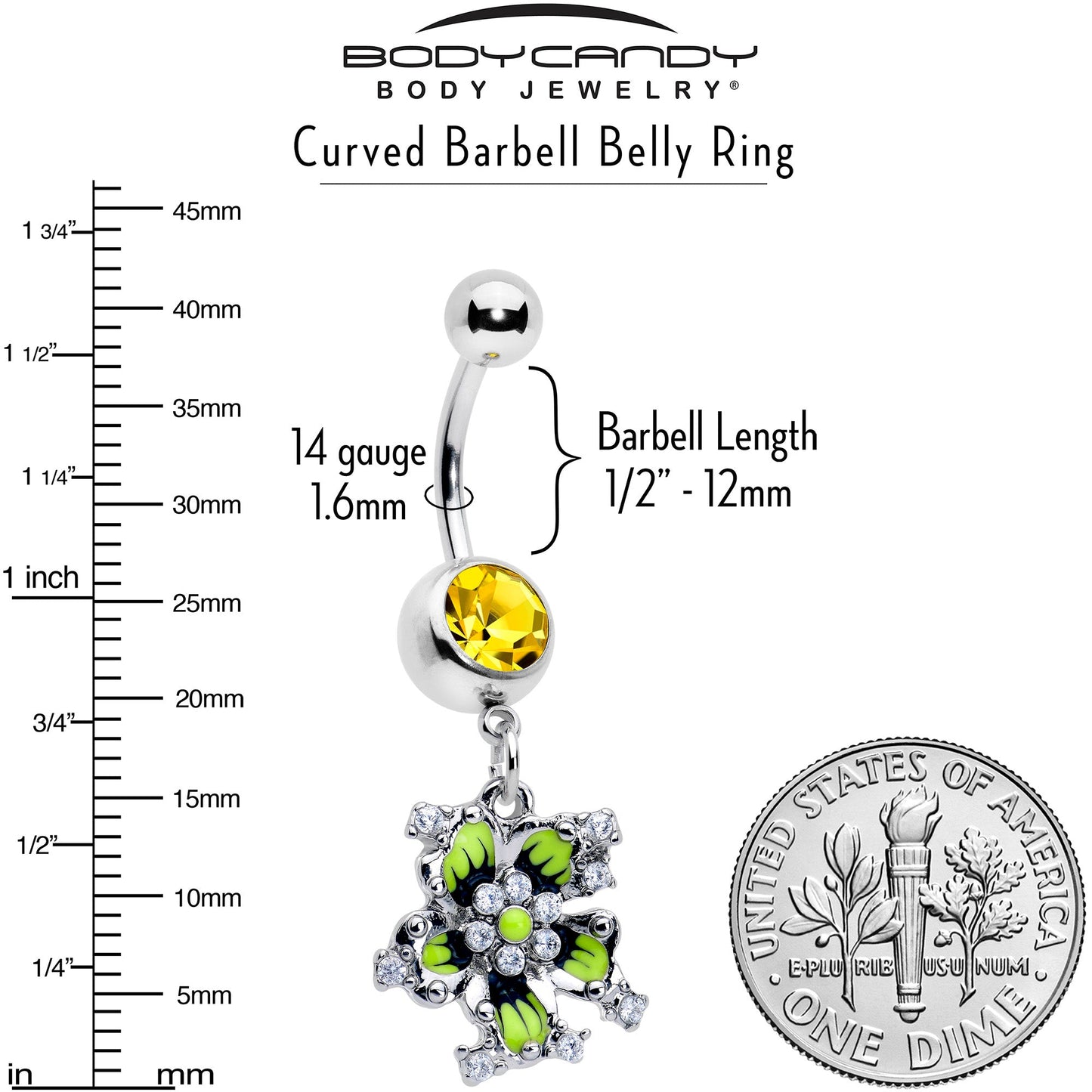 Clear Yellow CZ Gem Go Green Flower Dangle Belly Ring
