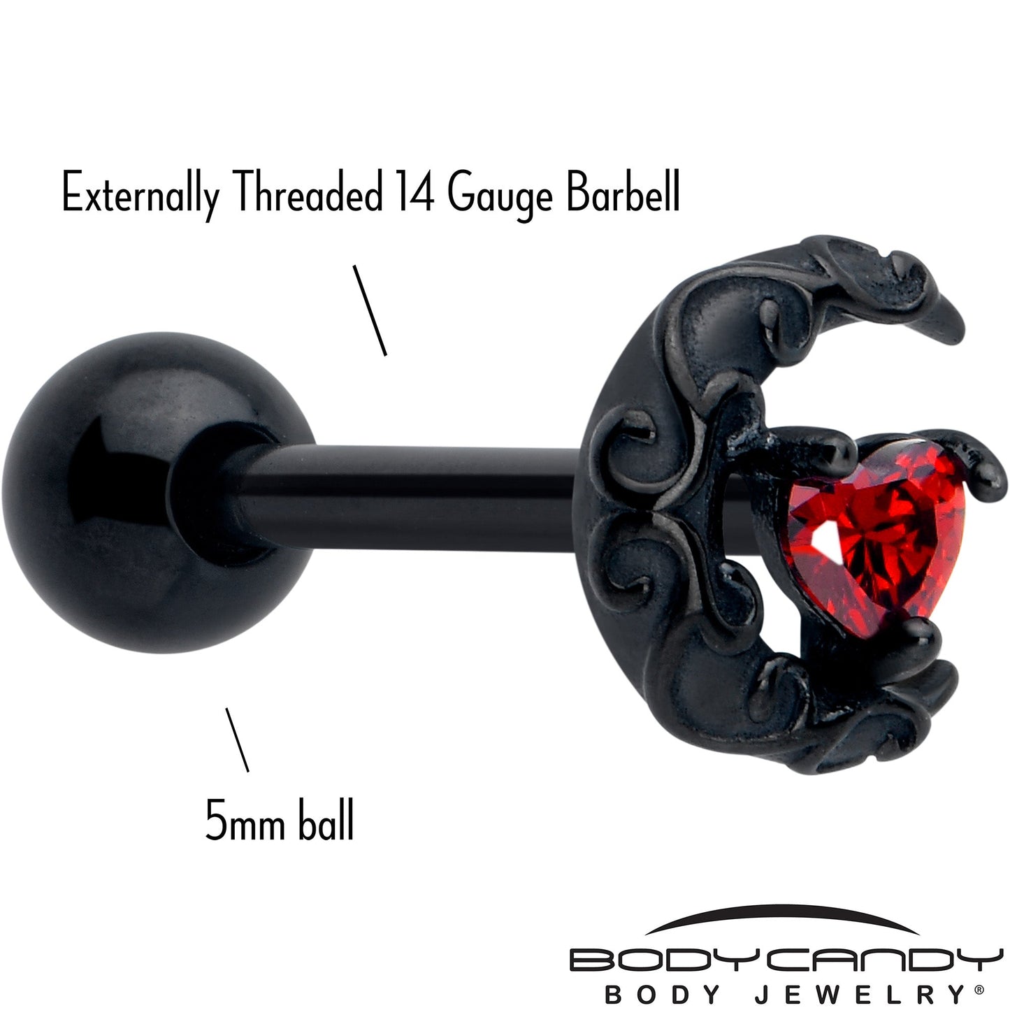 Red CZ Gem Black Scroll Moon Heart Barbell Tongue Ring