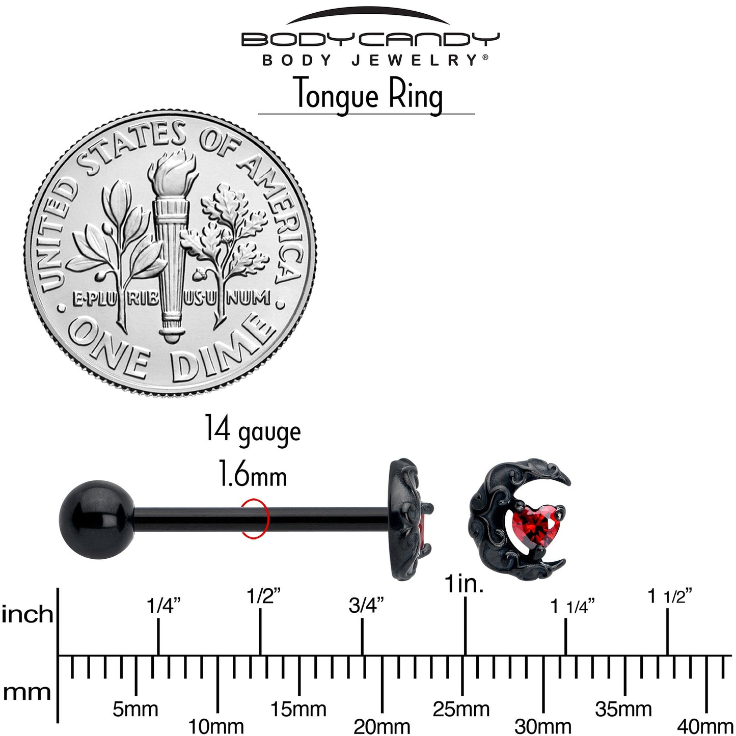 Red CZ Gem Black Scroll Moon Heart Barbell Tongue Ring