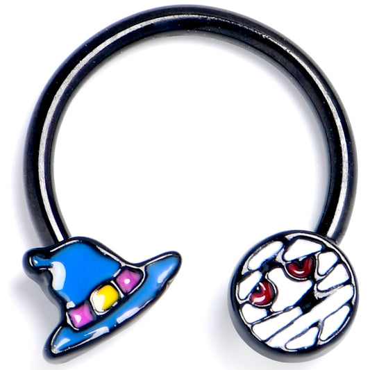 16G 3/8 Black Witch Hat Mummy Halloween Horseshoe Circular Barbell