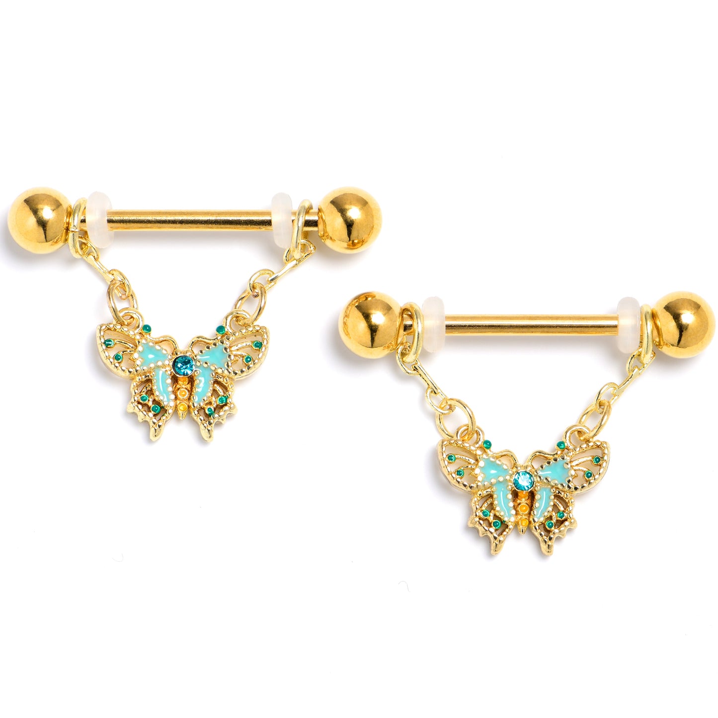 14G 9/16 Blue Gem Gold Hue Rococo Butterfly Dangle Nipple Ring Set