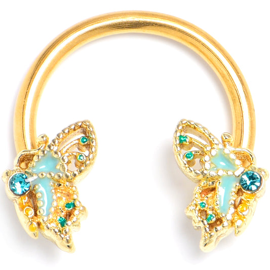16G 3/8 Blue Gem Gold Hue Rococo Butterfly Horseshoe Circular Barbell