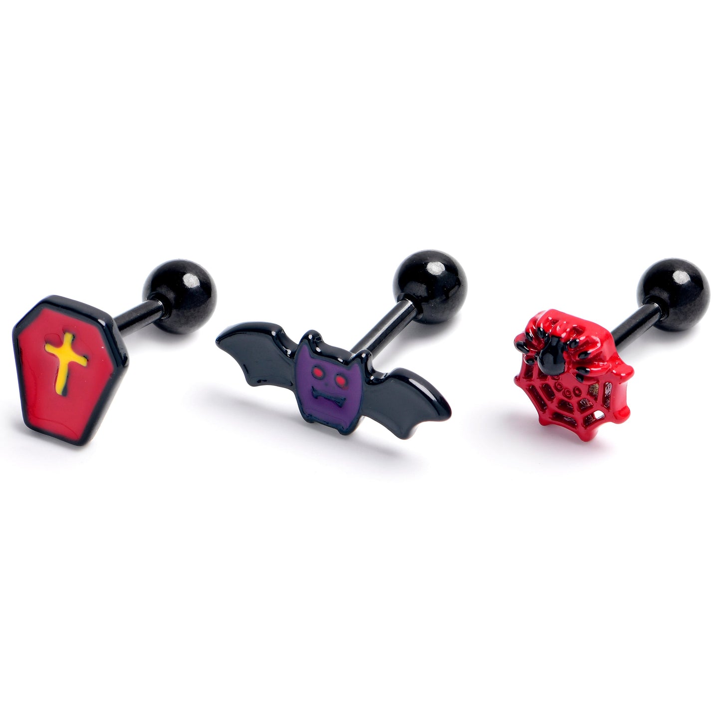 16G 1/4 Black Coffin Bat Halloween Cartilage Tragus Earring Set of3