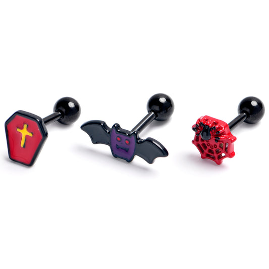 16G 1/4 Black Coffin Bat Halloween Cartilage Tragus Earring Set of3