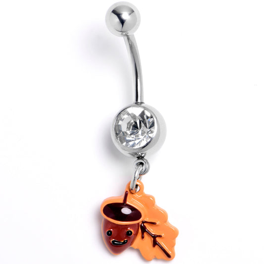 Clear Gem Acorn Oak Leaf Autumn Dangle Belly Ring