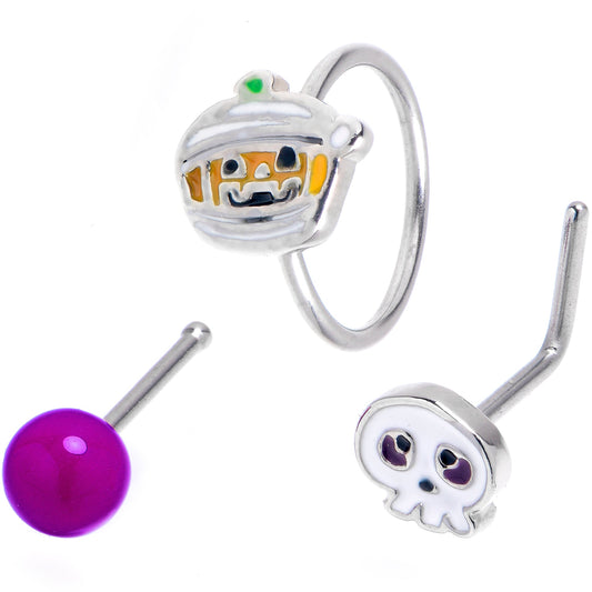 20G Mummy Pumpkin Skull Halloween Nose Hoop Bone Set of 3