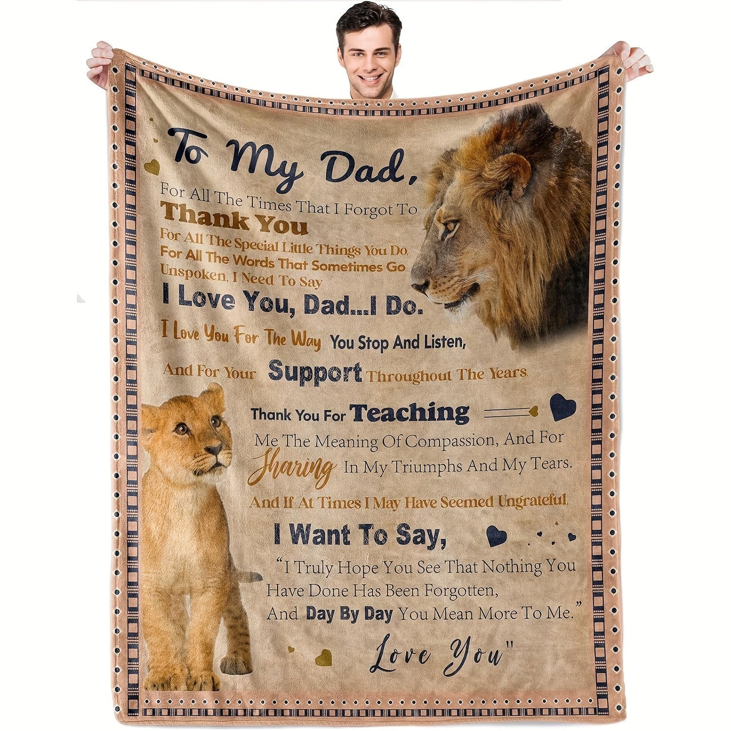 Creative Gift for Dad - Lion Design Soft Flannel Blanket with Loving Message, Cozy and Thoughtful Animal-Themed Decor