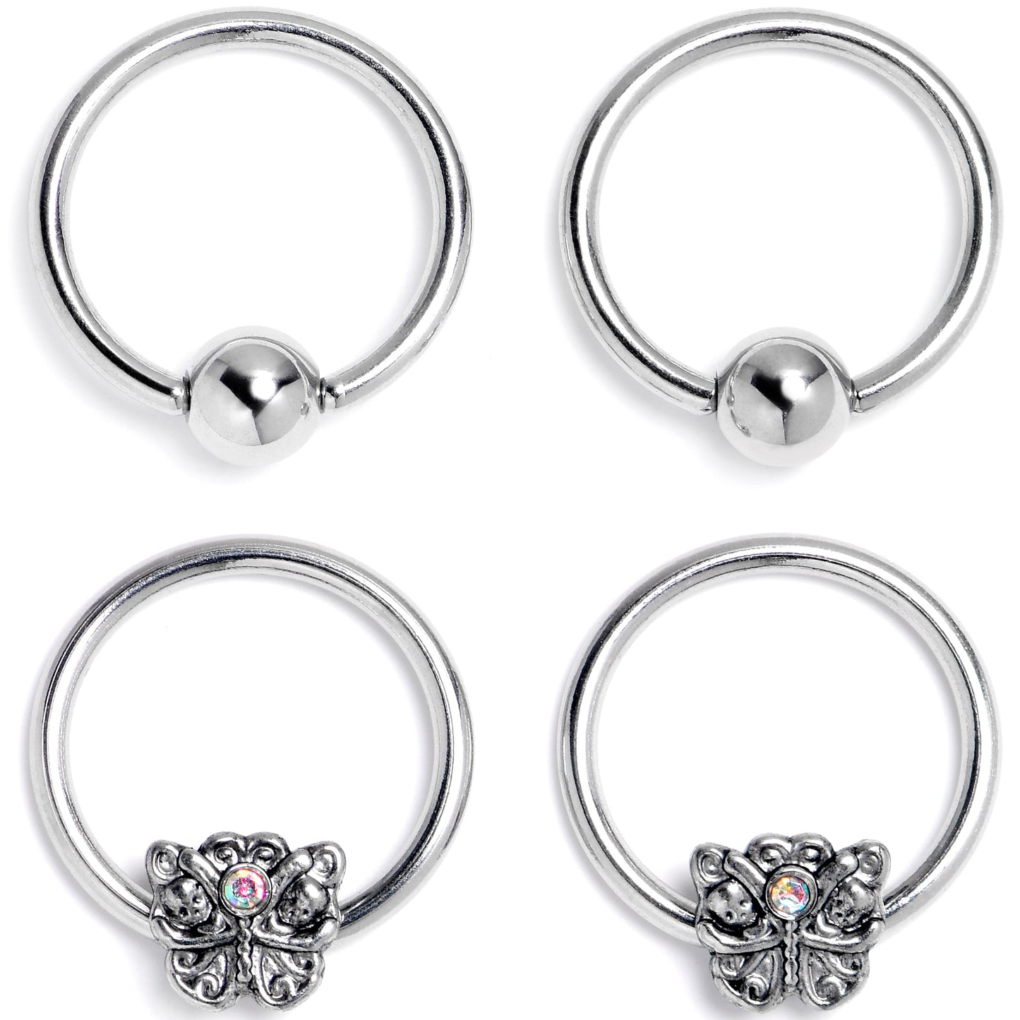 16G 3/8 Aurora Gem Butterfly Ornate BCR Captive Ring Set of 4