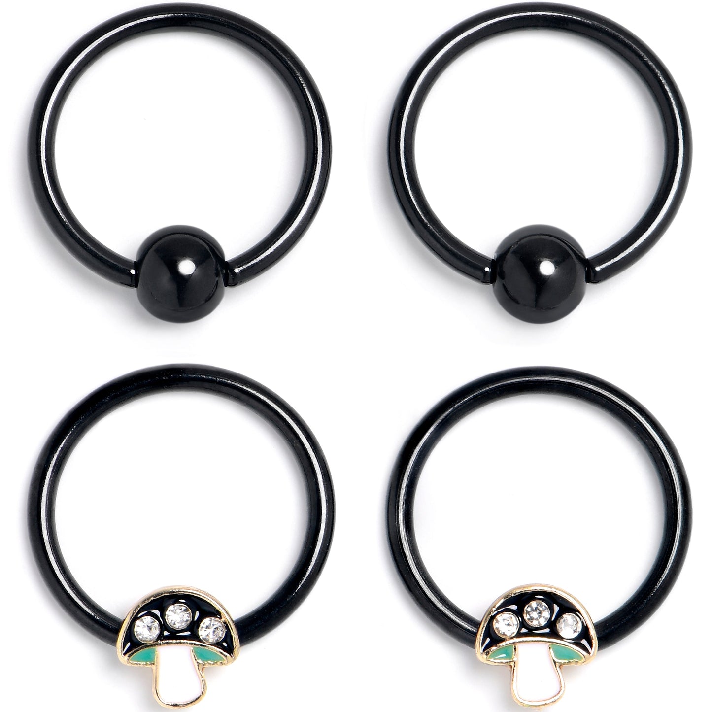 16G 3/8 Clear Gem Black Mushroom BCR Captive Ring Set of 4