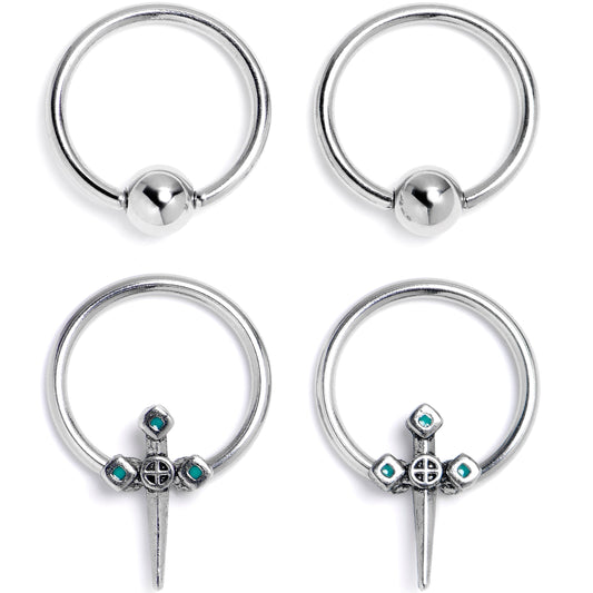 16G 3/8 Dagger Design Green BCR Captive Ring Set of 4