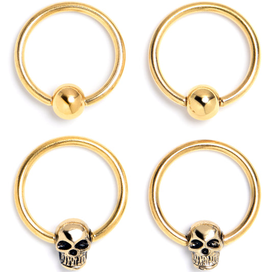 16G 3/8 Gold Tone Gothic Skulls BCR Captive Ring Set of 4
